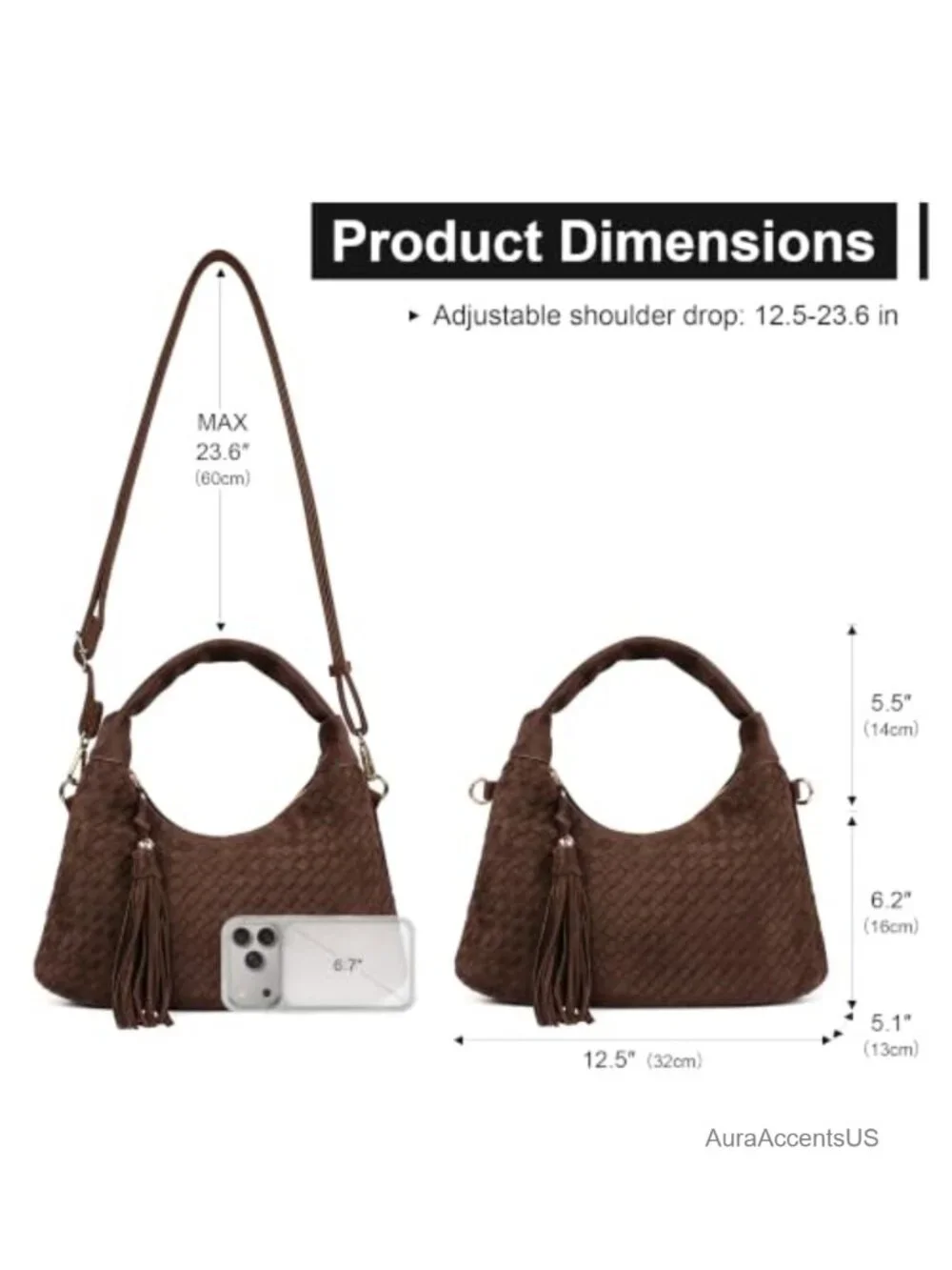 Woven Faux Suede Hobo Satchel Shoulder Bag with Tassel Detachable Crossbody